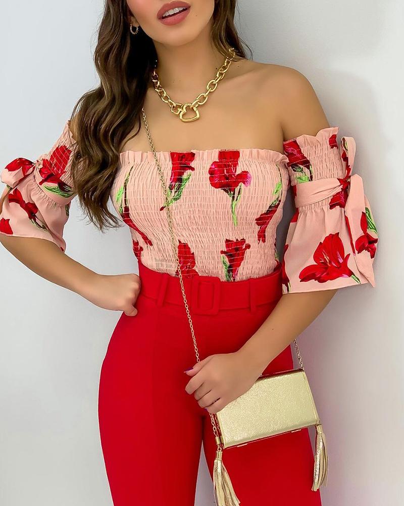 

Off Shoulder Floral Print Shirring Top & Pants Set, Red