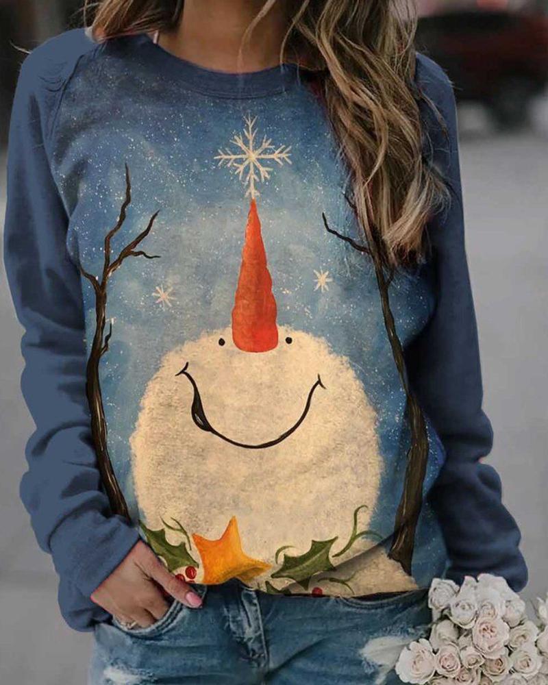 

Christmas Cute Printing Long Sleeve Sweatshirt, Blue