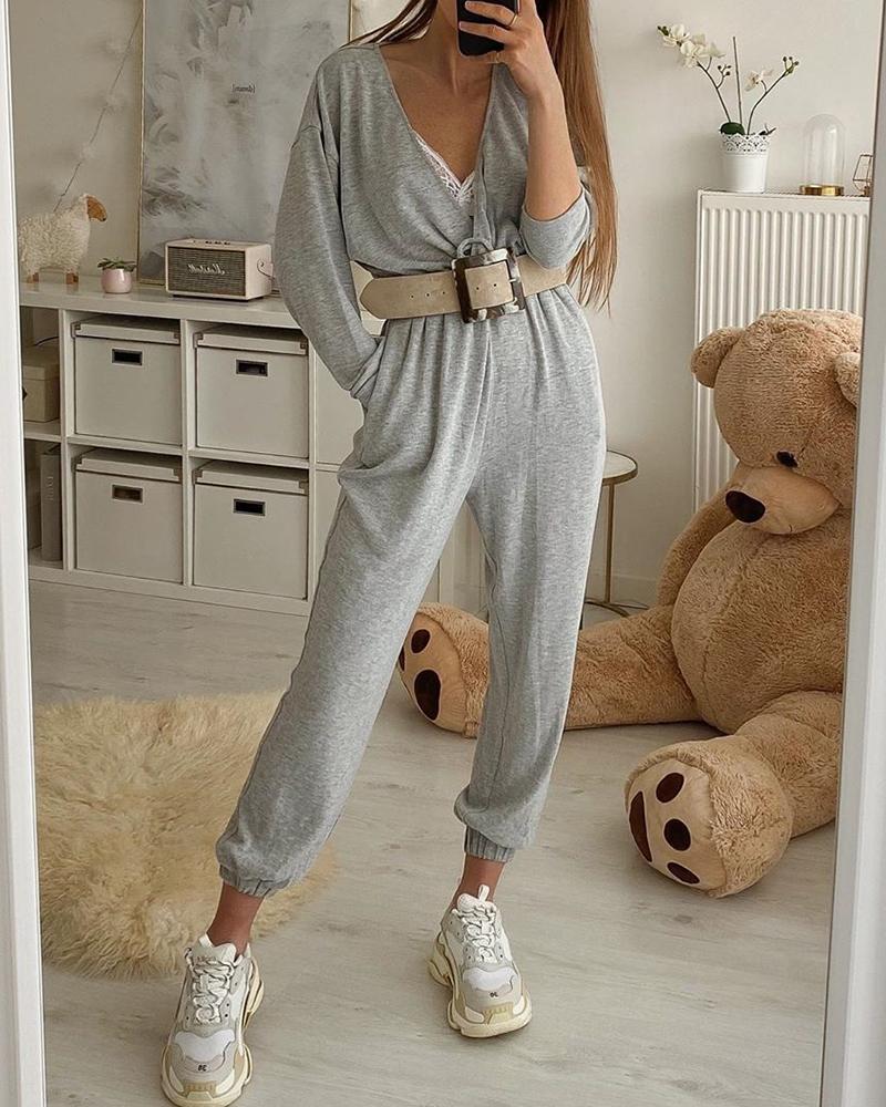 

Solid V-neck Long Sleeve Casual Jumpsuit, Light gray