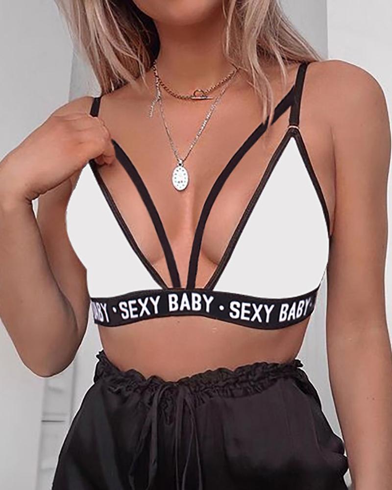 

Letter Strap Cutout Push Up Bra Tank Top Sport Unlined Bralette, White