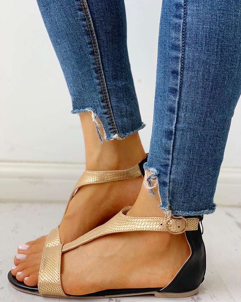 

Open Toe T-Strap Design Flat Sandals, Gold