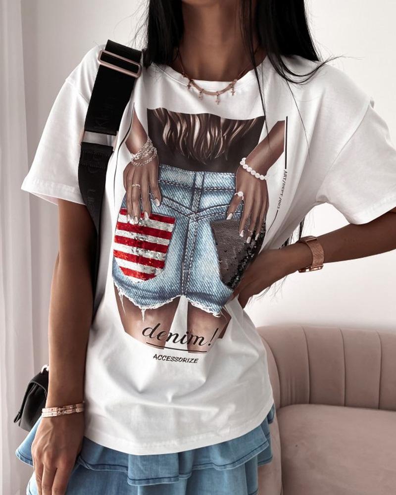 

Graphic Print Round Neck T-Shirt, White