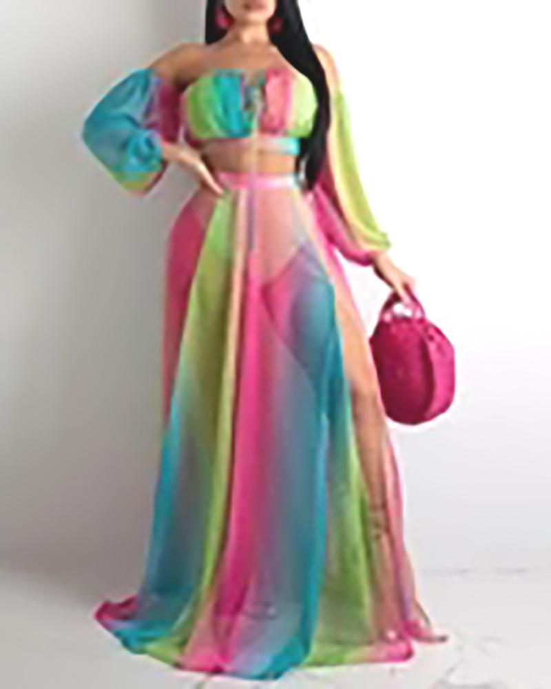 

Colorblock Off Shoulder Crop Top & Maxi Skirt Set, Multicolor