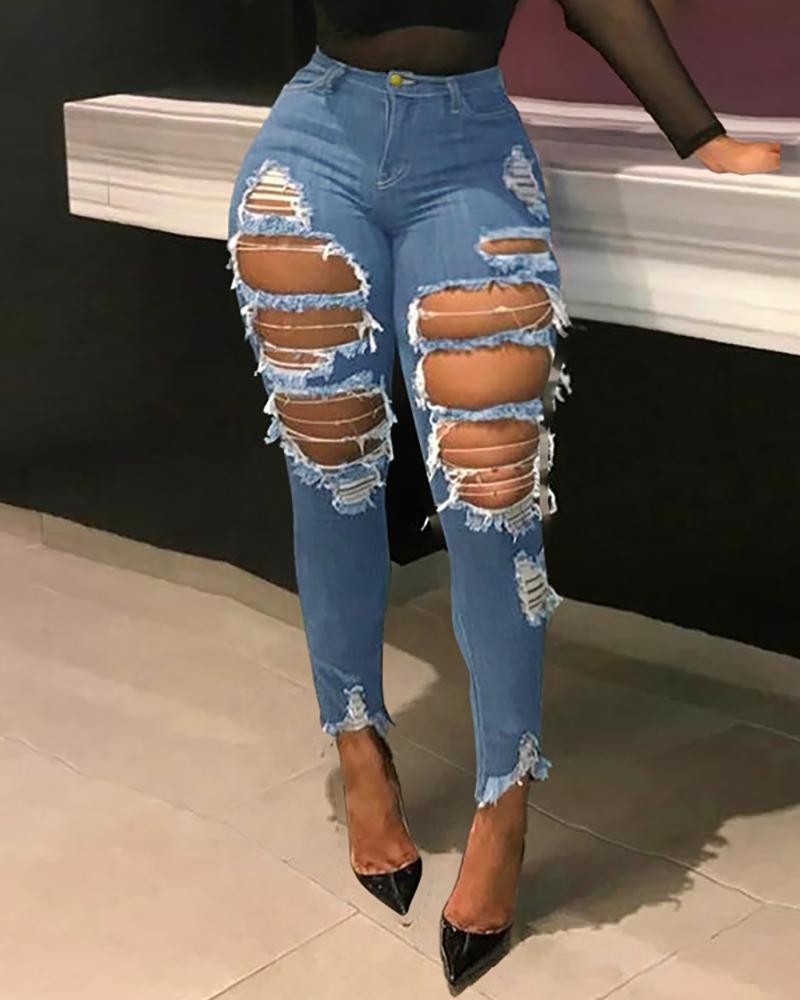 

Ripped Cutout Fringe Hem Denim Pants, Blue