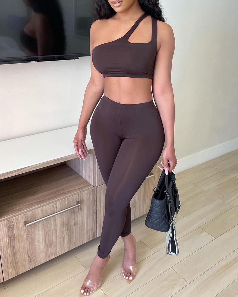 

One Shoulder Design Plain Crop Top & Pants Set, Brown