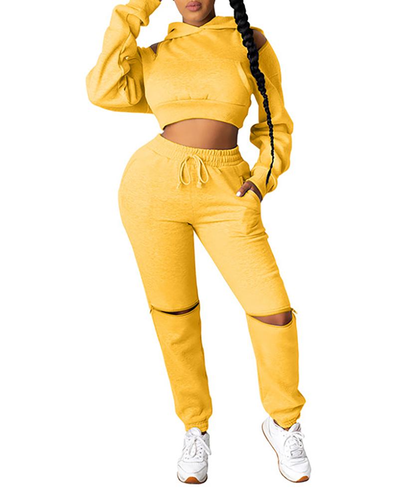 

Cold Shoulder Hooded Crop Top & Drawstring Cutout Pants Set, Yellow