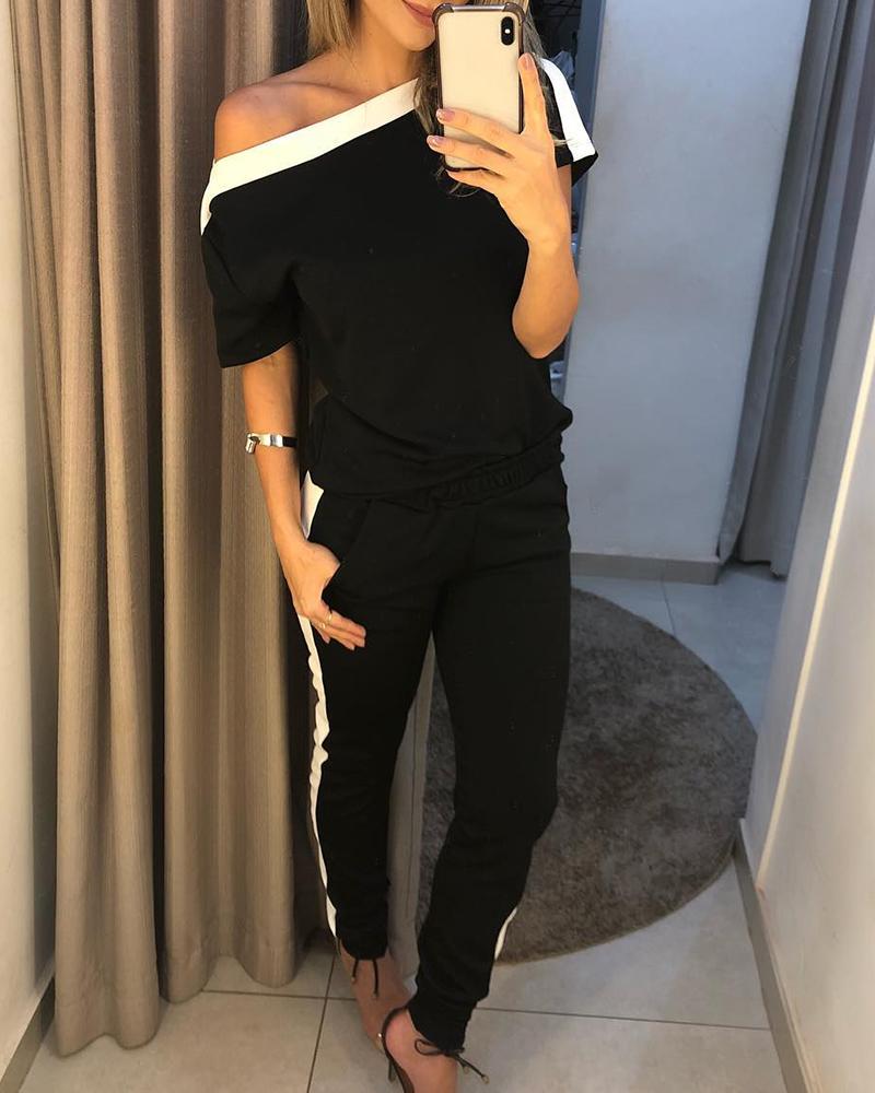 

Cold Shoulder Colorblock Casual Top & Pants Set, Black
