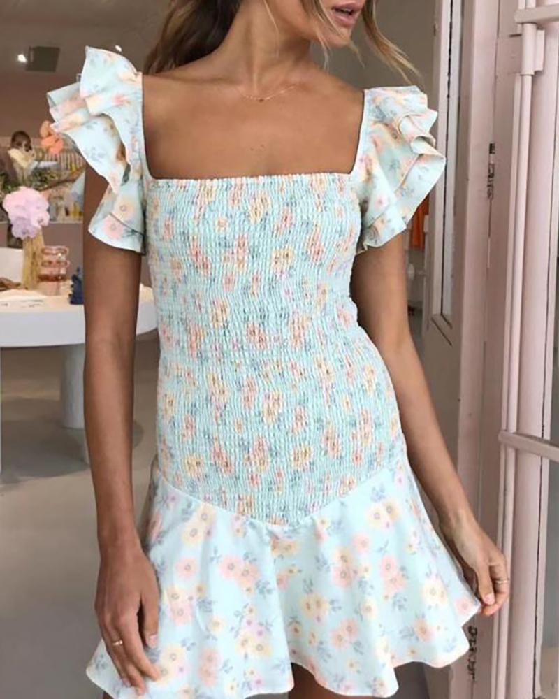 

Floral Print Ruffles Flutter Sleeve Shirring Dress, Green