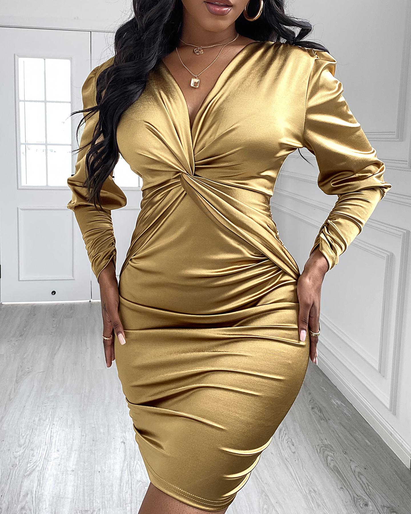 

Twisted Ruched Satin Bodycon Dress, Gold
