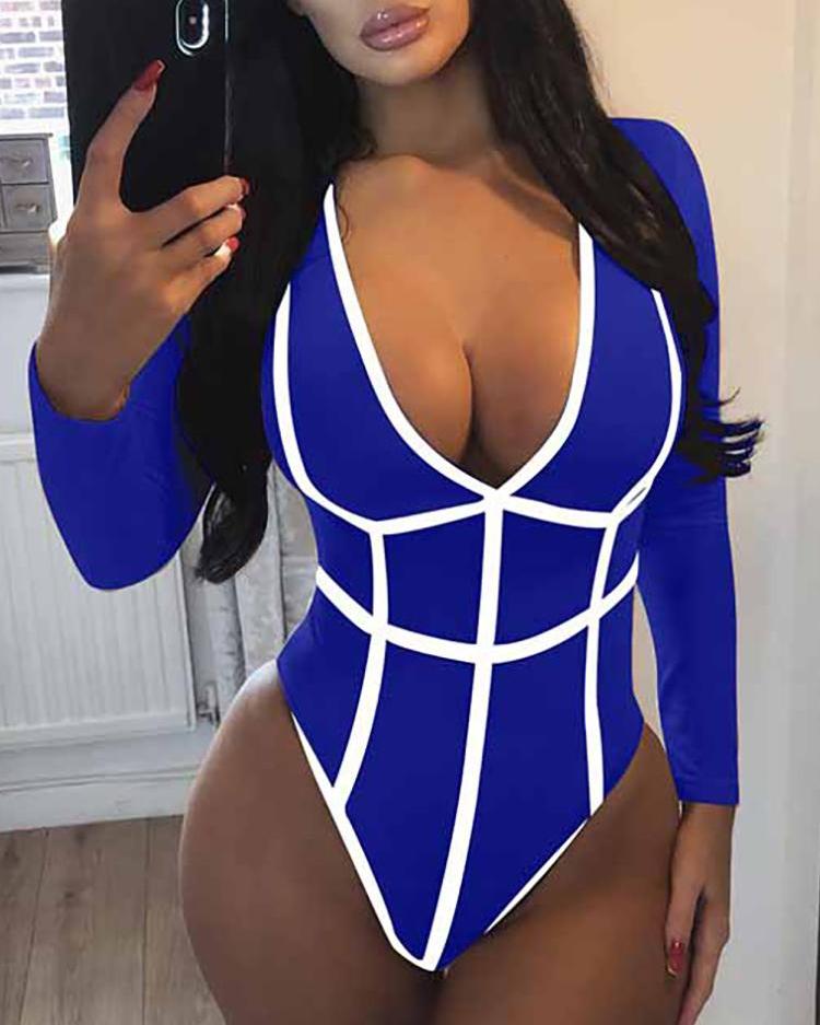 

Contrast Binding Long Sleeve Bodysuit, Blue
