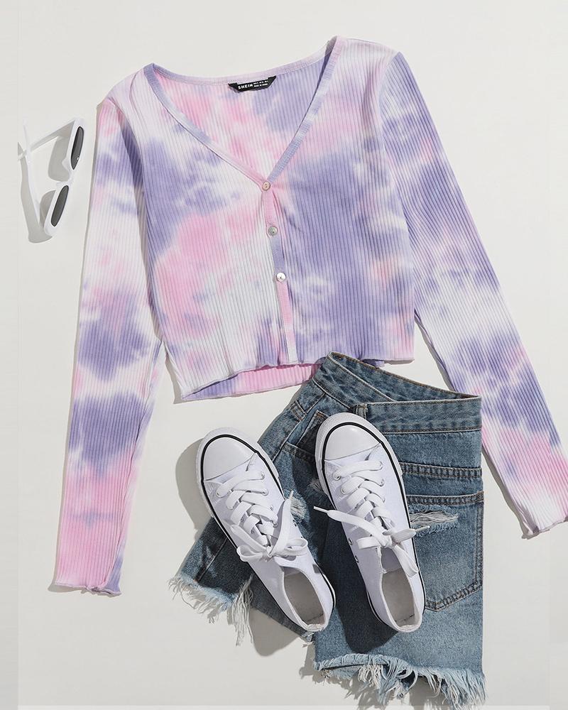 

Tie Dye Print Button Design V-Neck Crop Top, Pink
