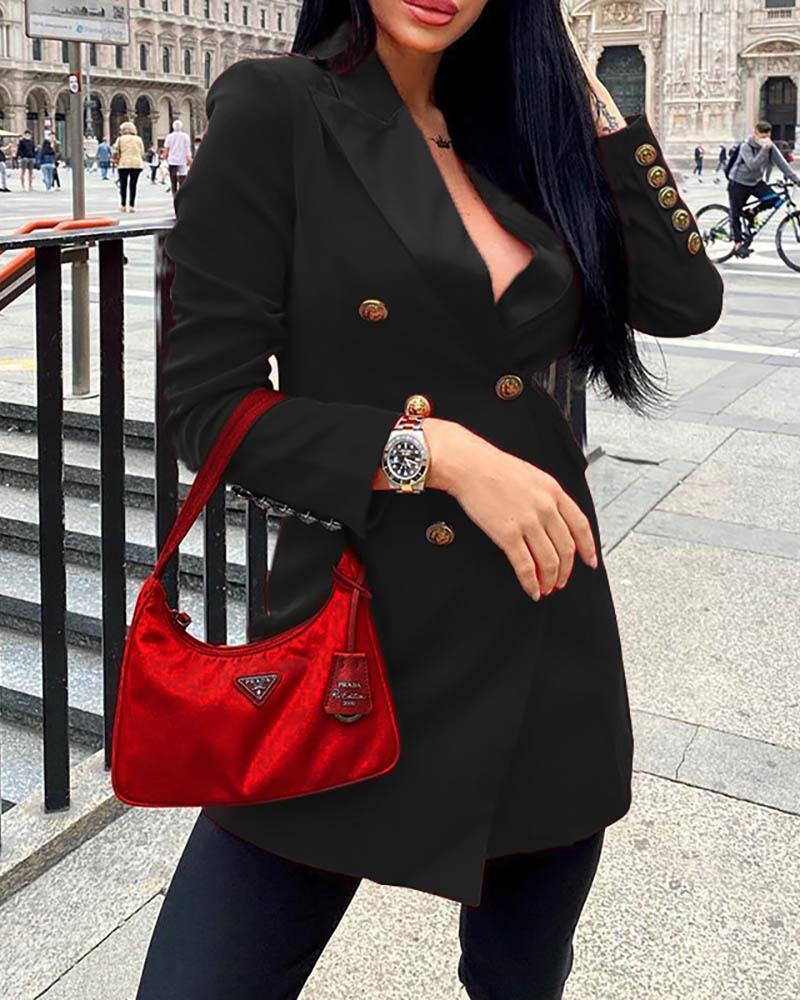 

Double Breasted Solid Long Sleeve Blazer Coat, Black
