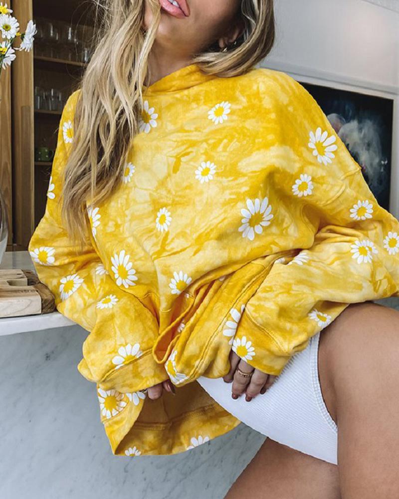 

Floral Print Long Sleeve Casual Hoodie, Yellow