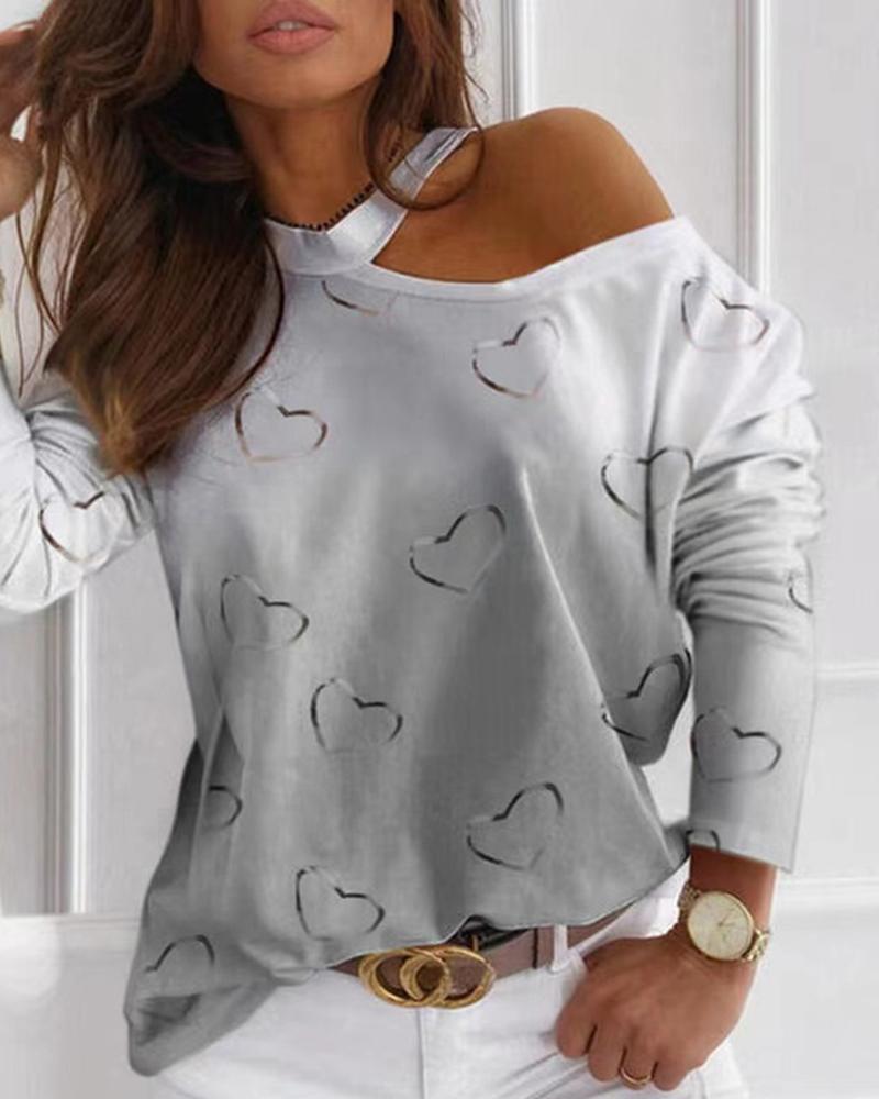 

Gradient Heart Print Cold Shoulder Top, Gray