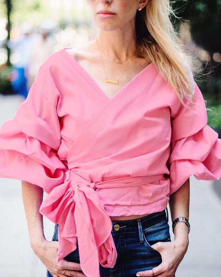

Sexy Wrapped Open Front Puff Blouse, Pink
