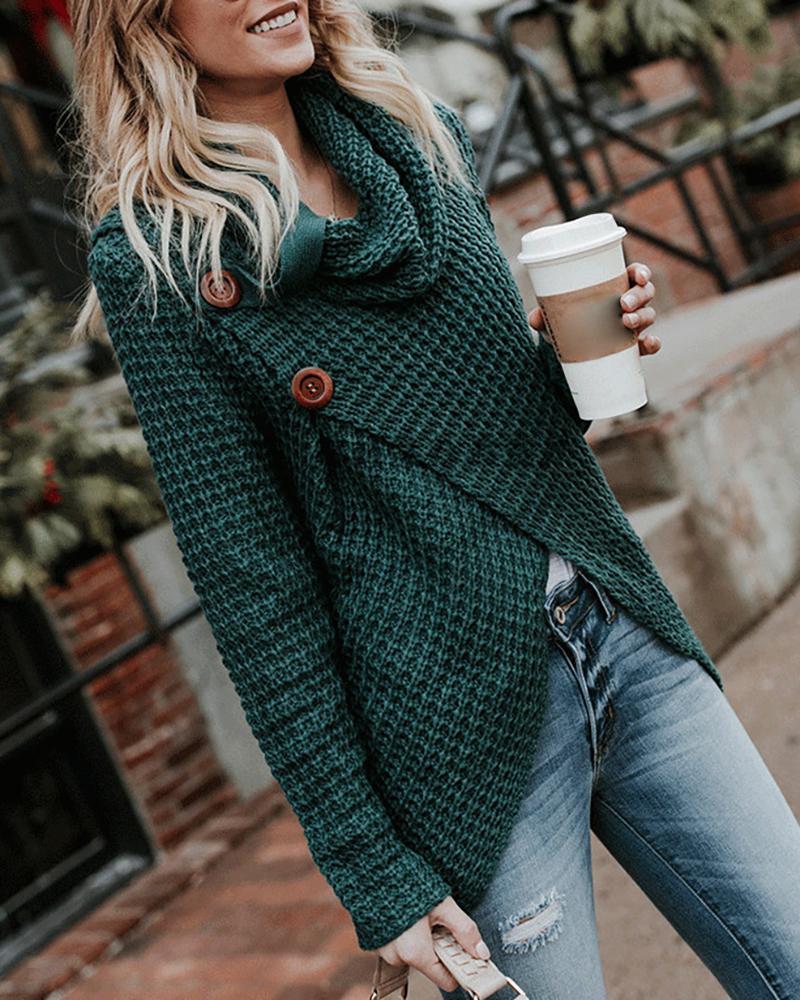 

Solid Long Sleeve Asymmetrical Hem Buttoned Sweater, Army green