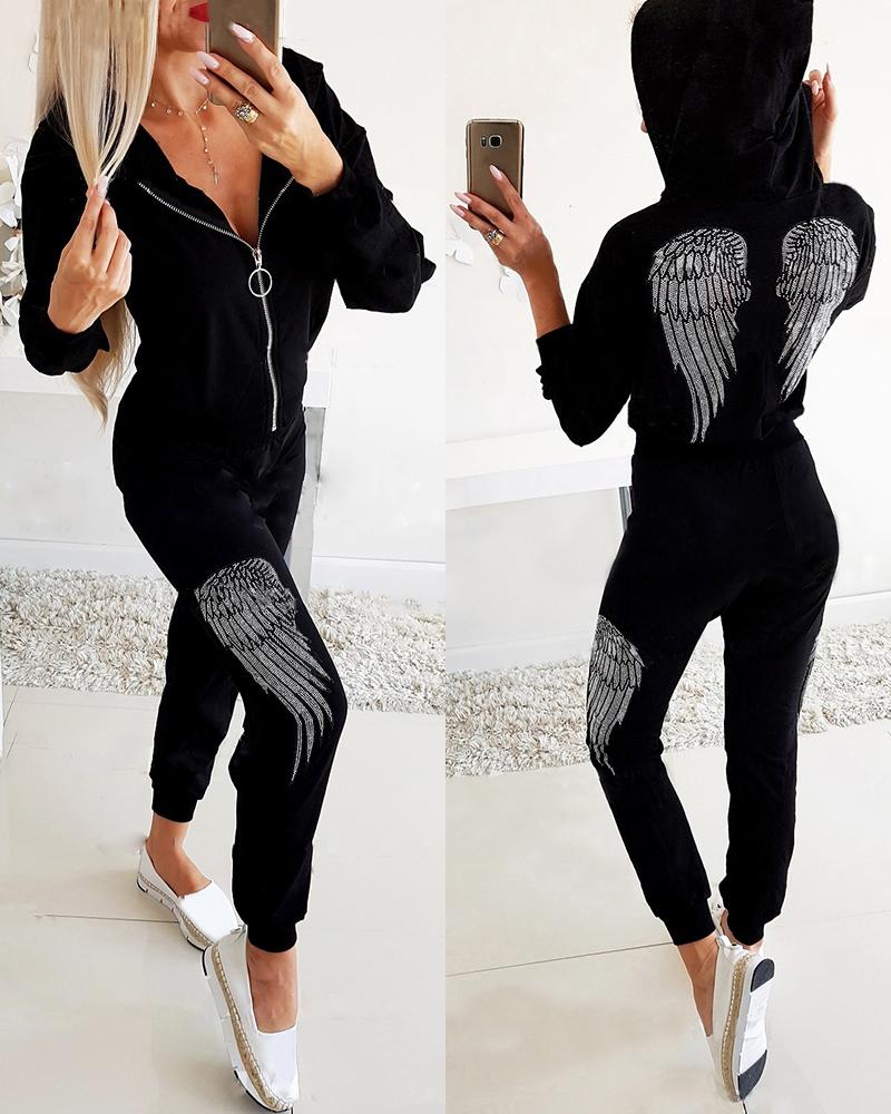 

Print Zipper Design Top & Pants Set, Black