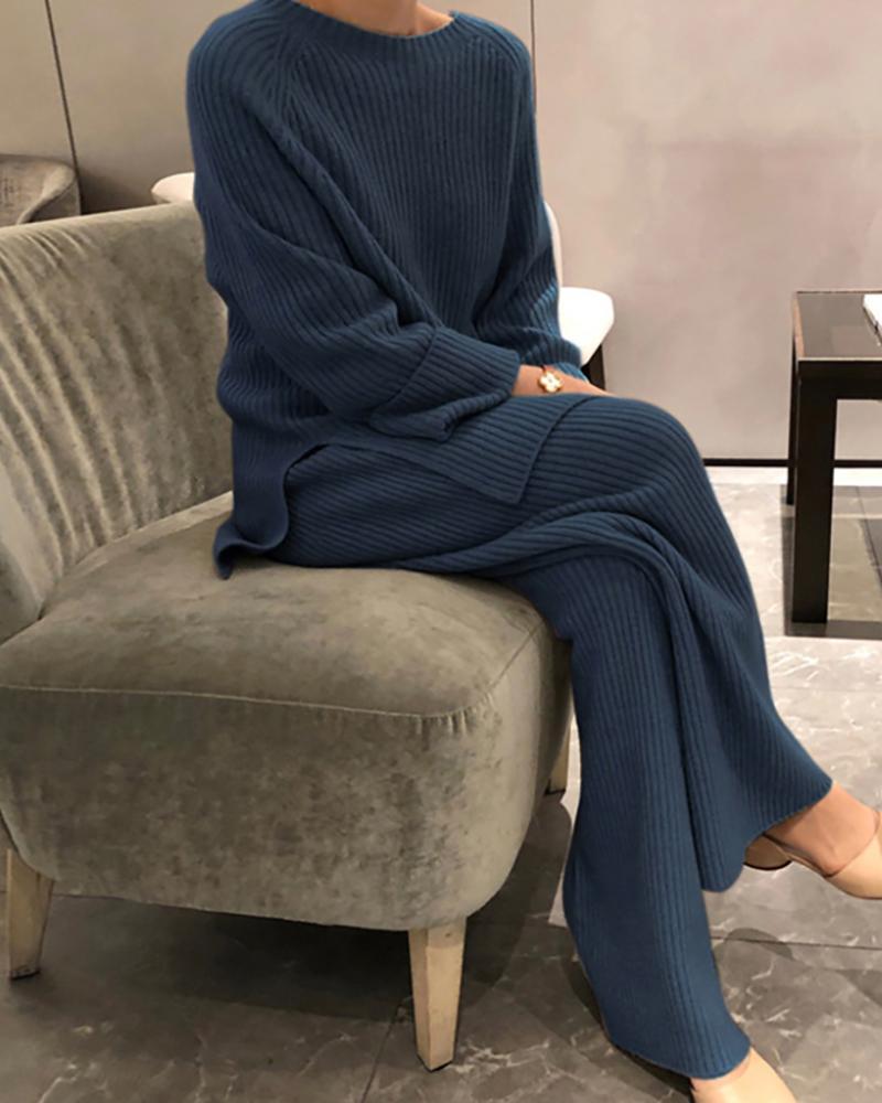 

Side Slit Long Sleeve Knit Top & Wide Leg Pants Set, Blue