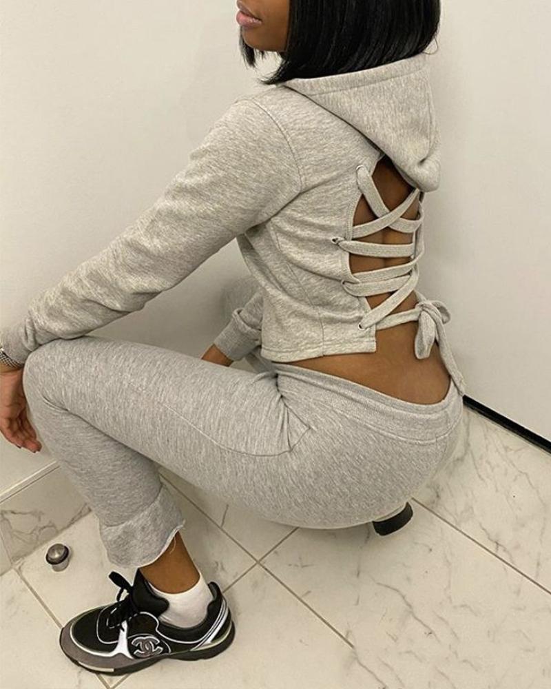 

Solid Long Sleeve Hoodies Lace-up Back Cut-out Loose Suit Sets, Gray