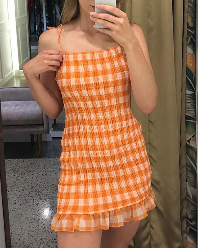 

Gingham Print Strap Slip Skinny Ruffes Hem Dress, Orange
