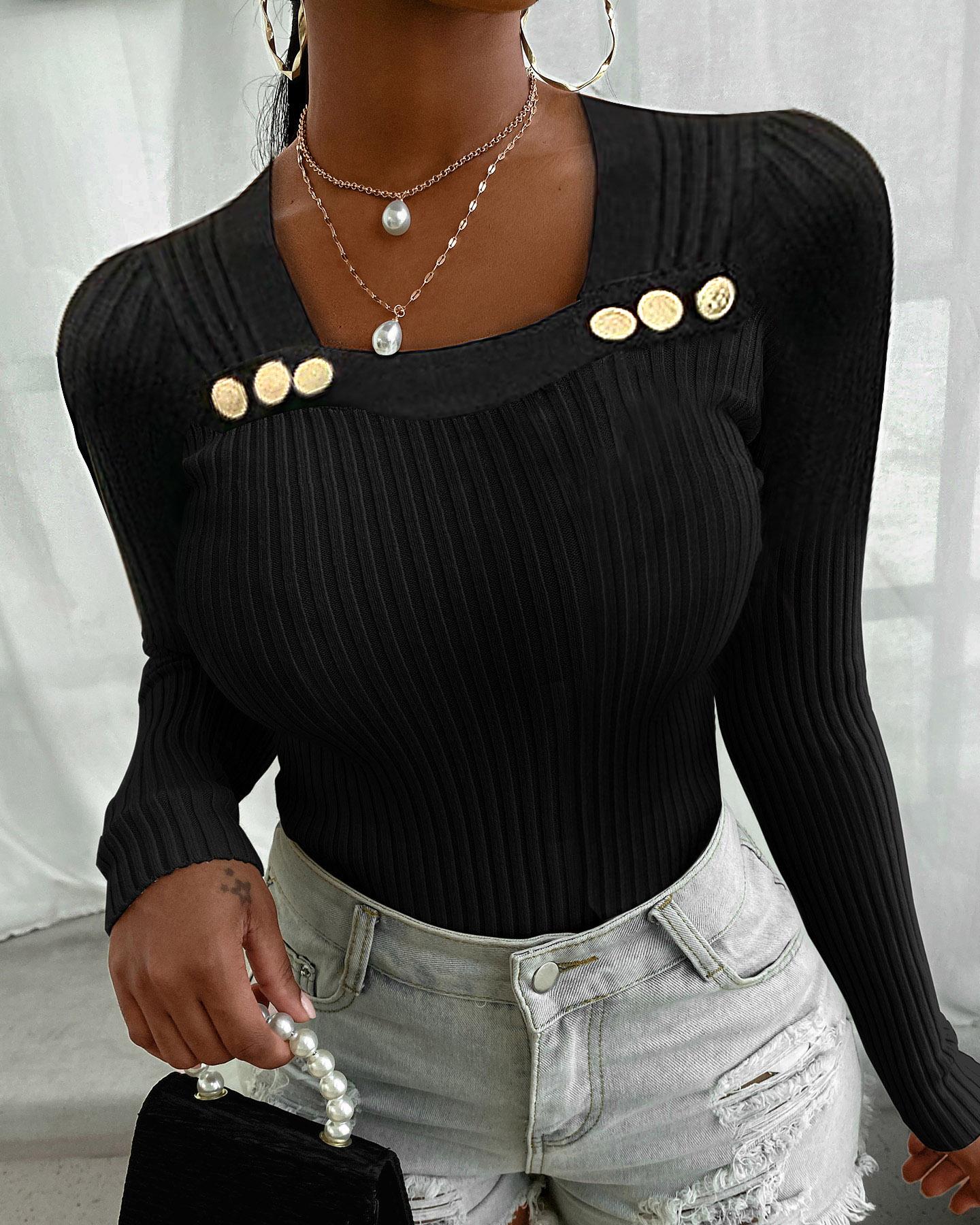 

Button Design Long Sleeve Knit Top, Black