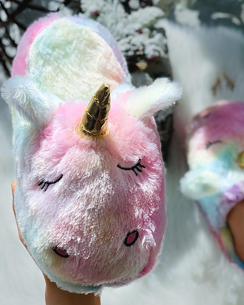 

Unicorn Pattern Colorblock Fluffy Slippers, Multicolor