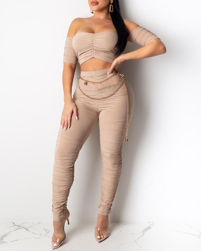 

Solid Ruched Tube Crop Women Top & Pant Sets, Apricot