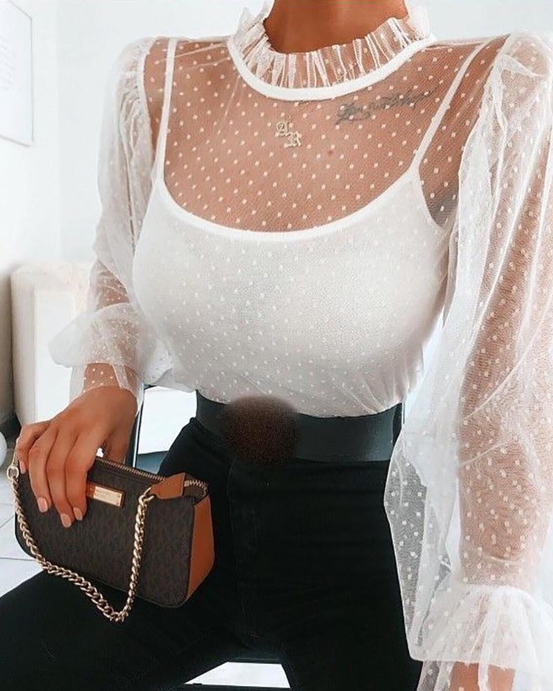 

Dot Mesh Long Sleeve Top With Lining, White