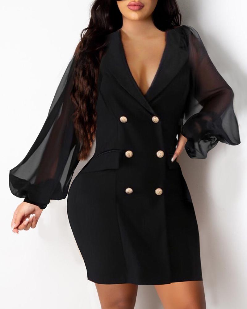 

Mesh Puff Sleeve Double Breasted Work Dress, Black