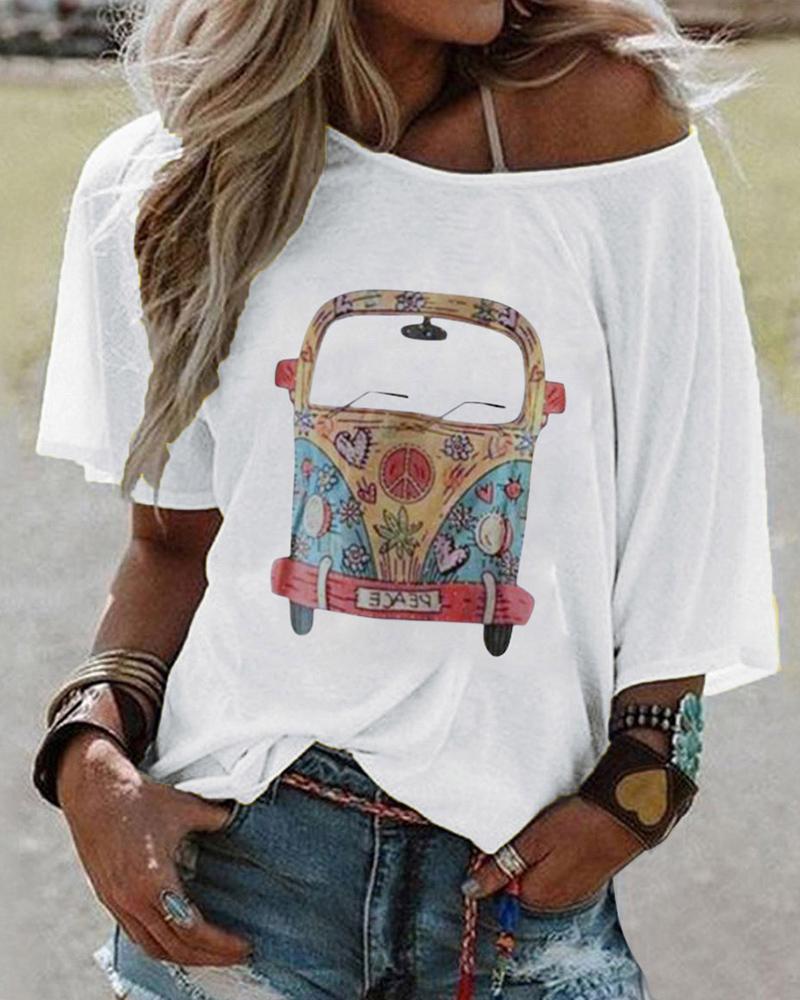 

Car Print Half Sleeve Casual T-shirt, White