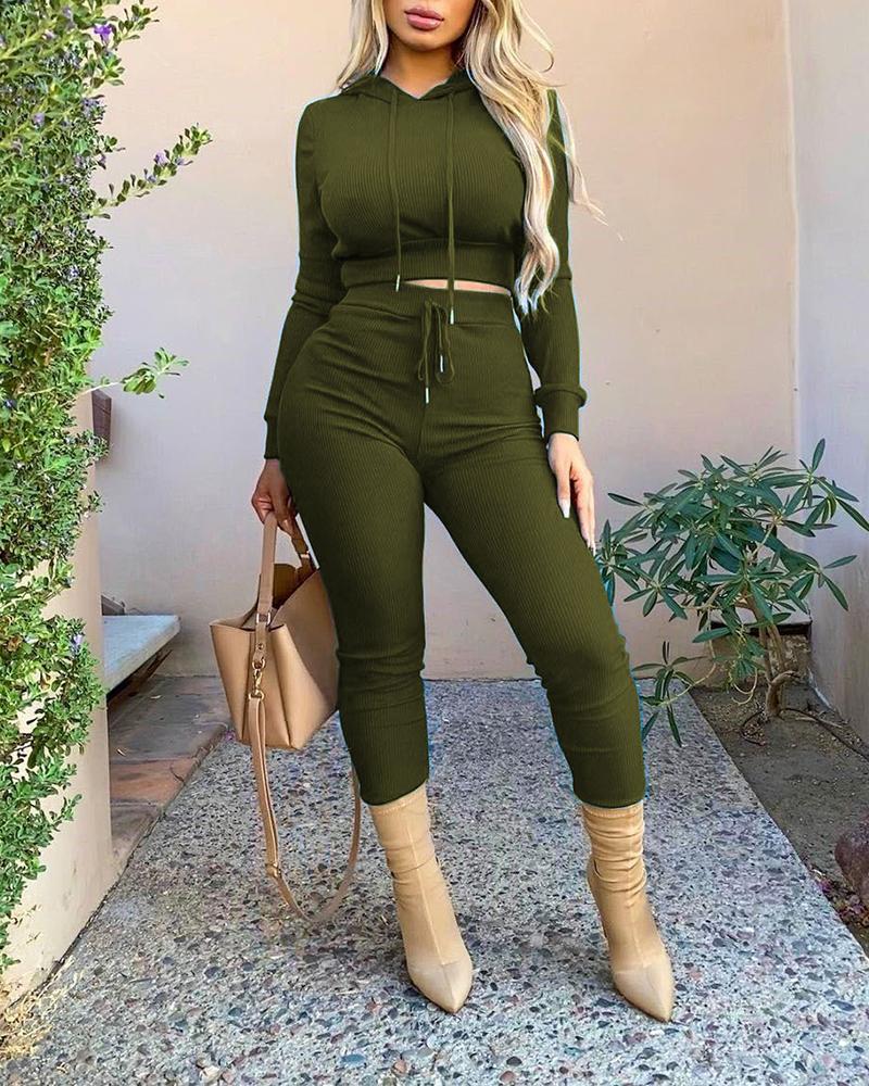 

Plain Hooded Women Top & Drawstring Pants Set, Army green