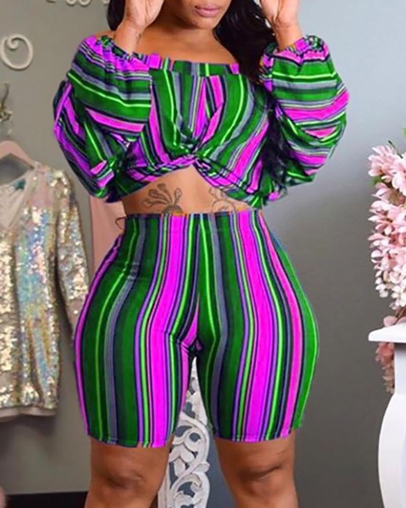 

Striped Color Off Shoulder Top & Short Sets, Purple