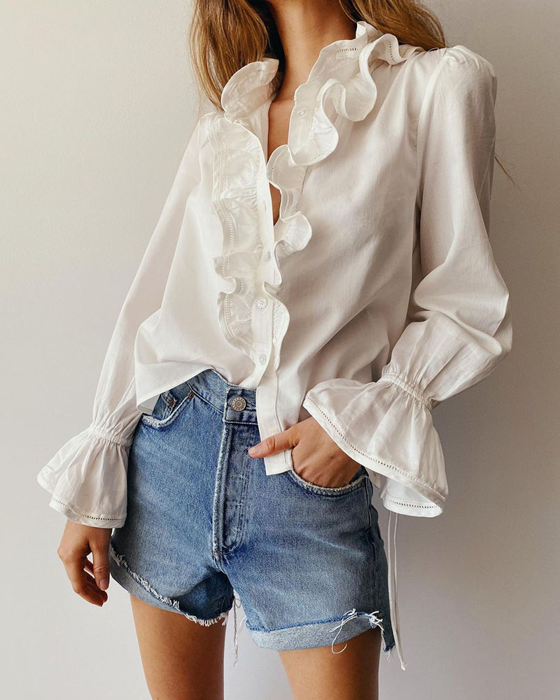 

Ruffles Hem Bell Sleeve Casual Shirt, White