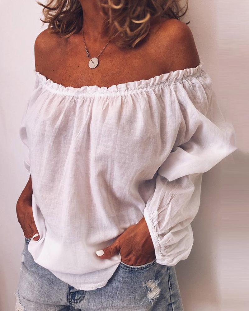 

Off Shoulder Frill Hem Long Sleeve Casual Blouse, White