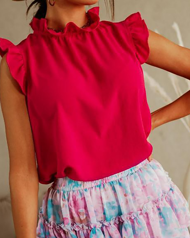 

Frill Hem Cutout Back Short Sleeve Top, Red