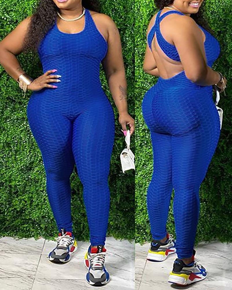 

Plus Size Crisscross Backless Textued Butt Lifting Yoga Jumpsuit, Blue
