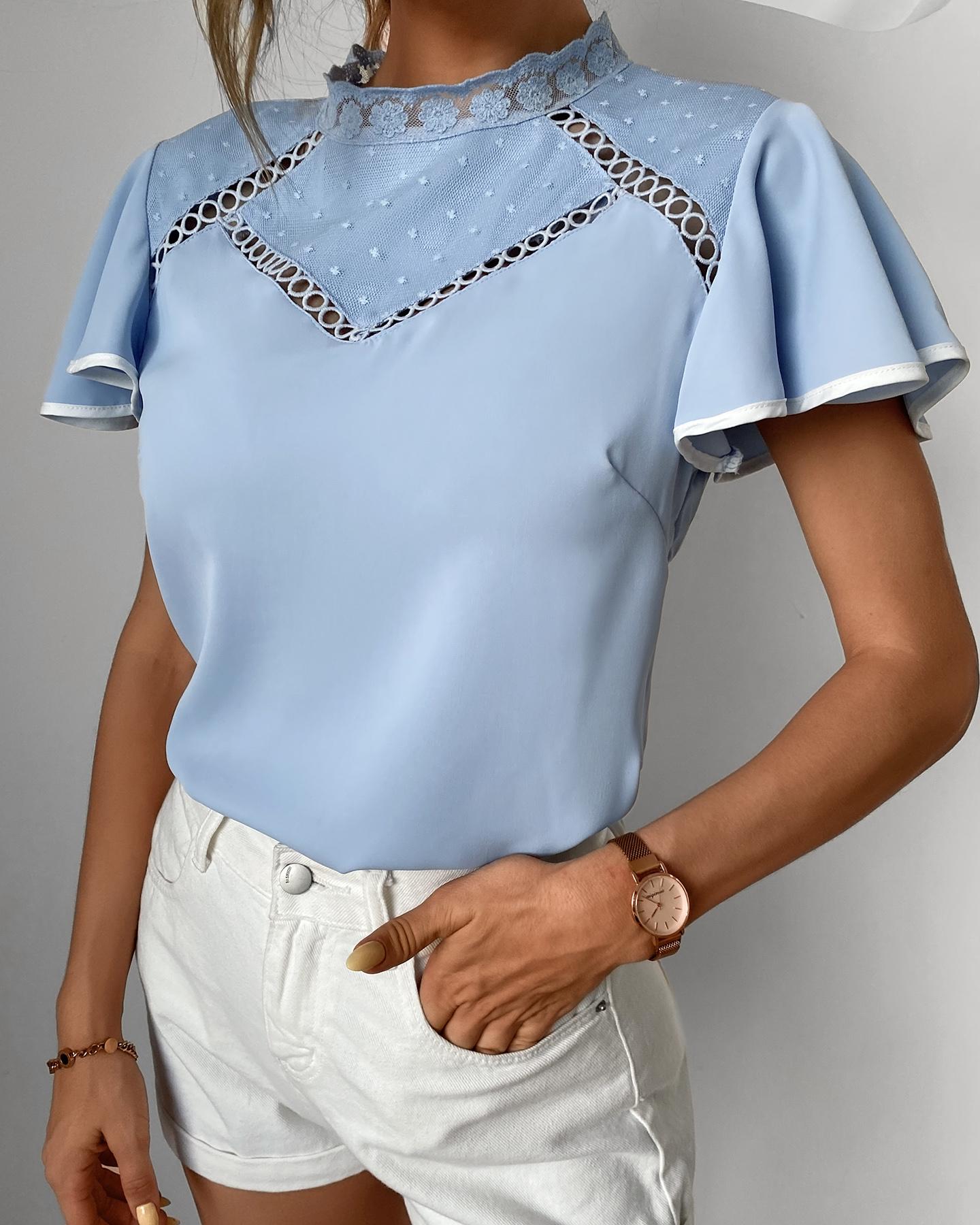 

Polka Dot Cutwork Flutter Sleeve Casual Blouse, Blue