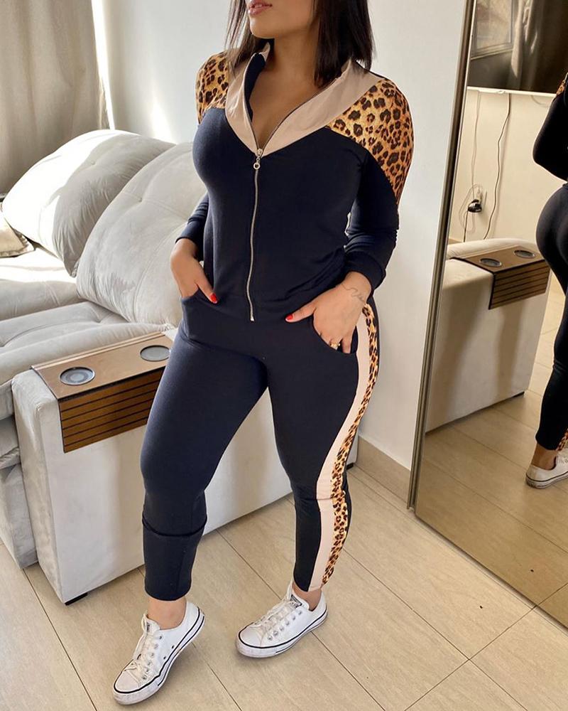 

Cheetah Print Colorblock Zipper Design Women Top & Skinny Pants Set, Black