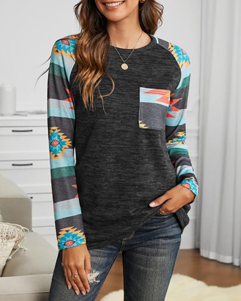 

Colorblock Pocket Design Long Sleeve Top, Black