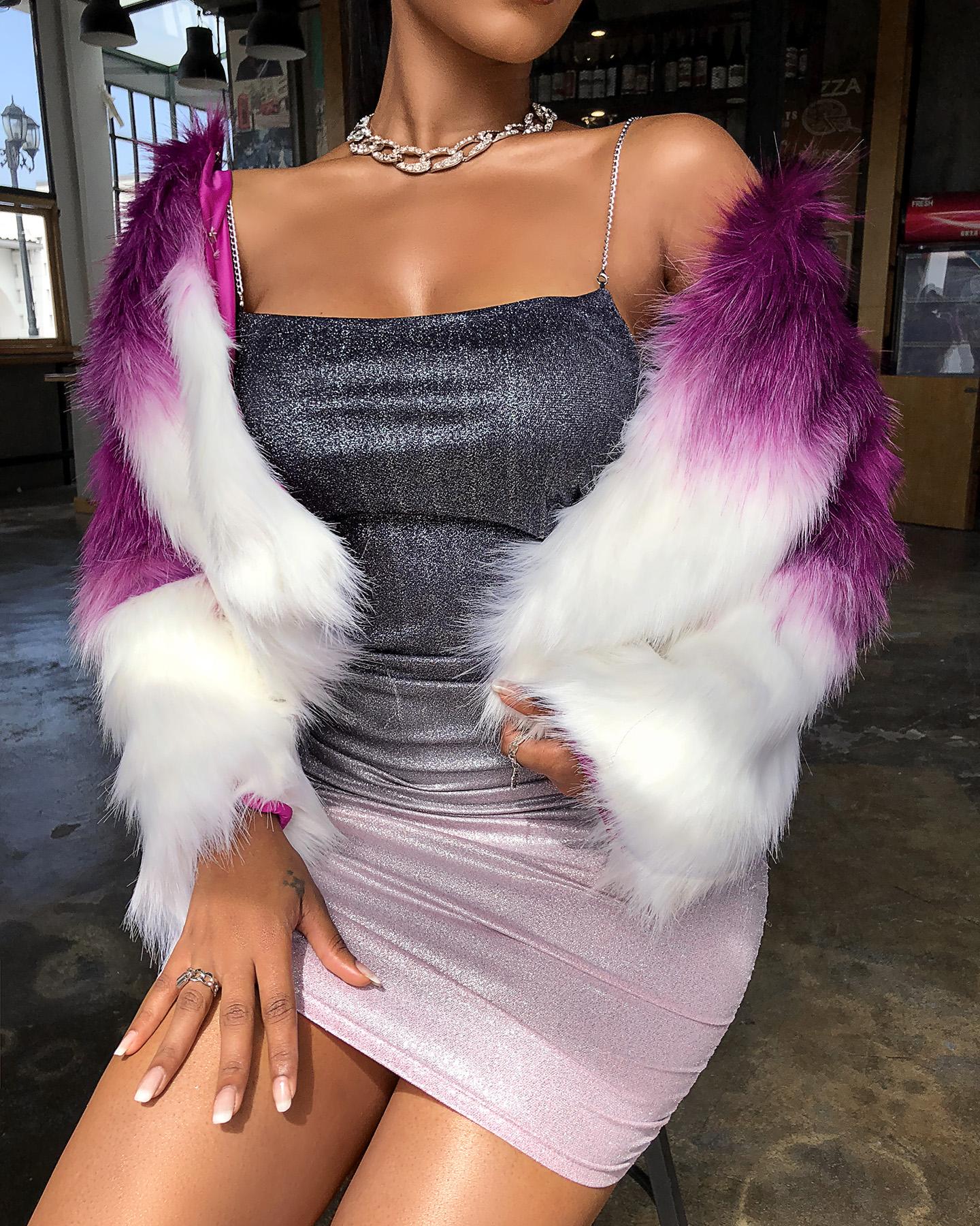 

Colorblock Fluffy Faux Fur Coat, Hot pink