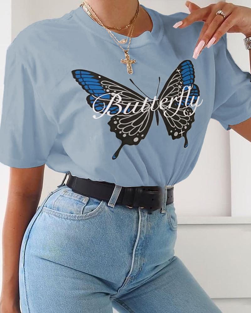 

Butterfly Print Round Neck T-shirt, Blue