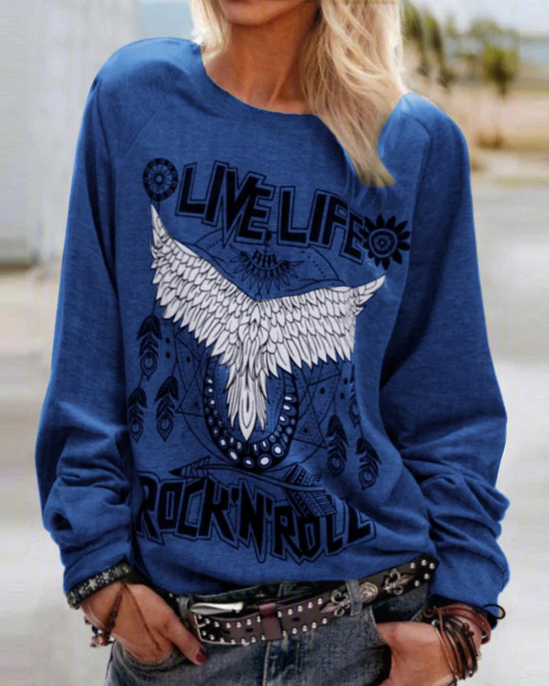 

Letter Eagle Print Long Sleeve Top, Blue