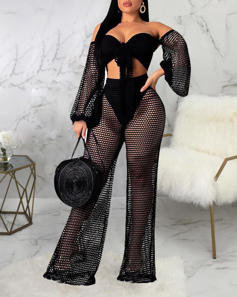 

Off Shoulder Front Tie Tops & See Through Mesh Fishnet Pants Bikini Cover Ups Set, Black