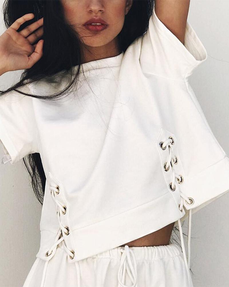

Solid Color Lace-up Short Sleeve T-shirt, White
