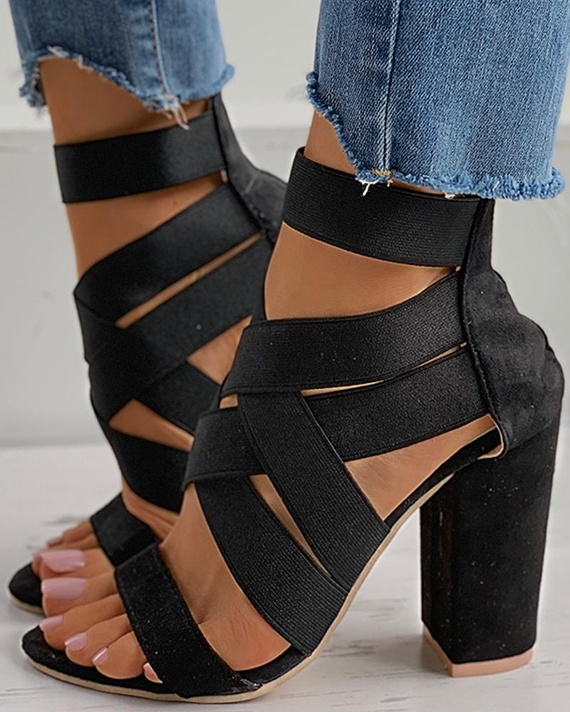

Strappy Open Toe Chunky Heels, Black