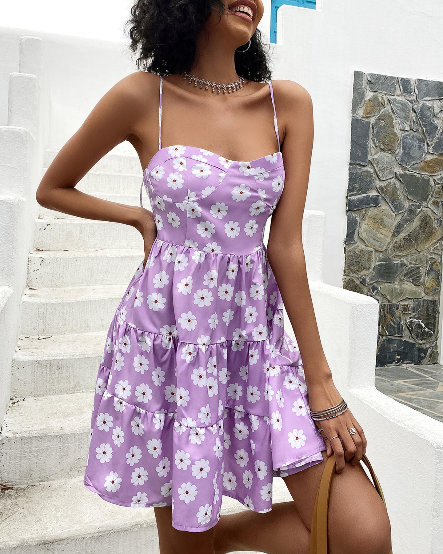 

Floral Print Ruched Spaghetti Strap Casual Dress, Purple