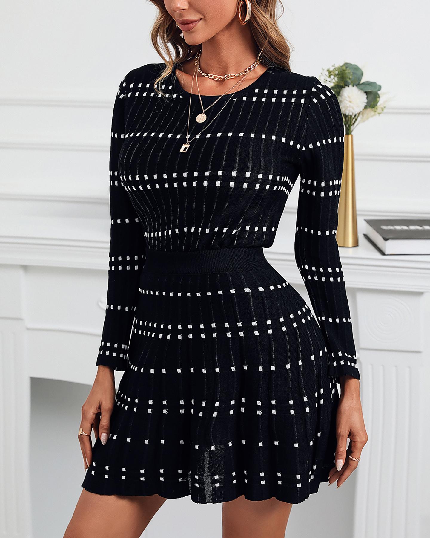 

Knit All Over Print Long Sleeve Top & Skirt Set, Black