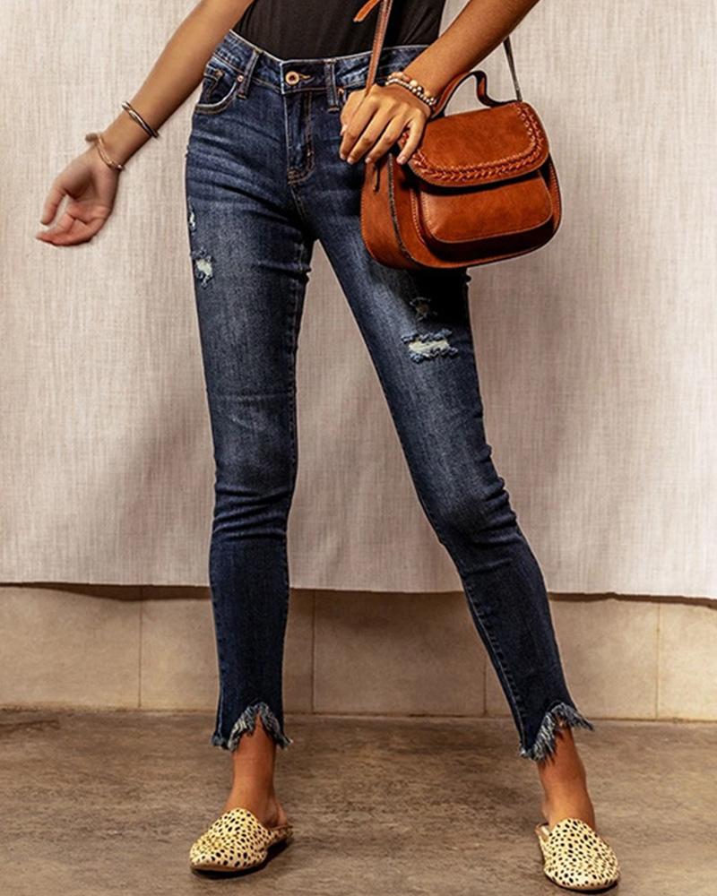 

Solid Color Skinny Ripped Jean Pants, Dark blue