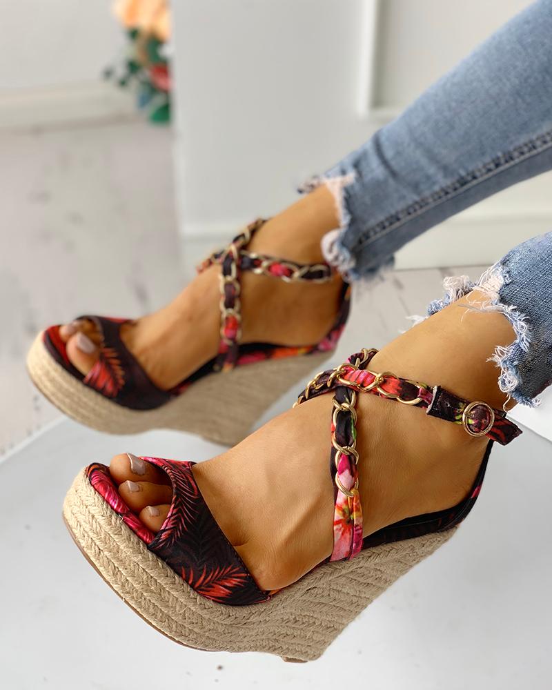 

Floral Chain Detail Platform Wedge Sandals, Black