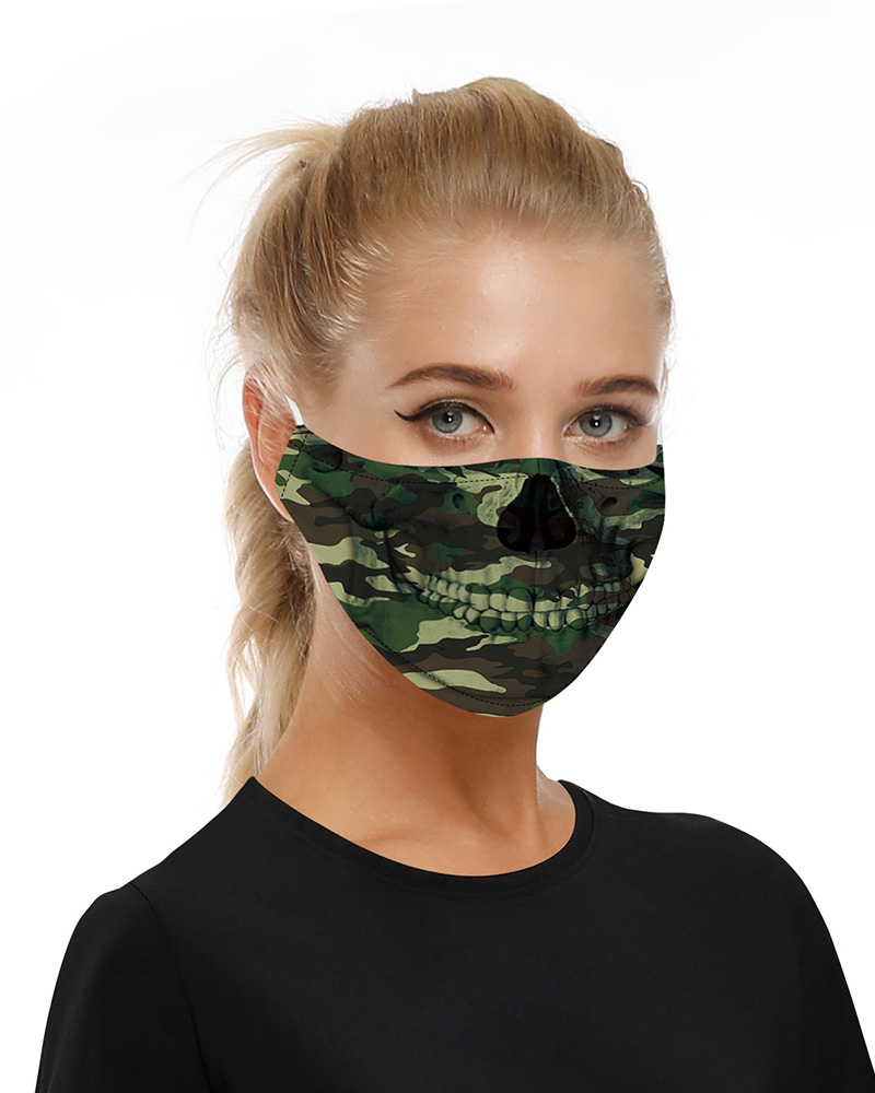 

Skull Print Mouth Mask Breathable Washable And Reusable With Replaceable Filter, Army green